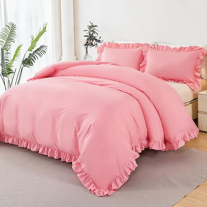 Pink Ruffle Duvet Cover Set Twin Size 3 Pieces Girls Comforter Covers Farmhouse Shabby Chic Duvet Set Soft Cute Ruffled Bedding Cover for Kids Teens(Pink, Twin)