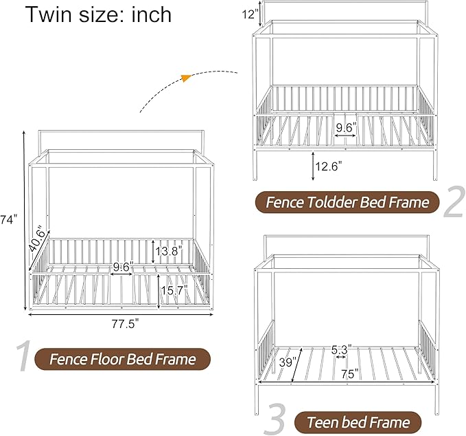 Harper & Bright Designs Twin Floor Bed Frame with Canopy and Guardrails, Metal Montessori Floor Bed with High Fence, Canopy Bed for Kids with Sturdy Metal Slats Support, Easy Assembly,Black