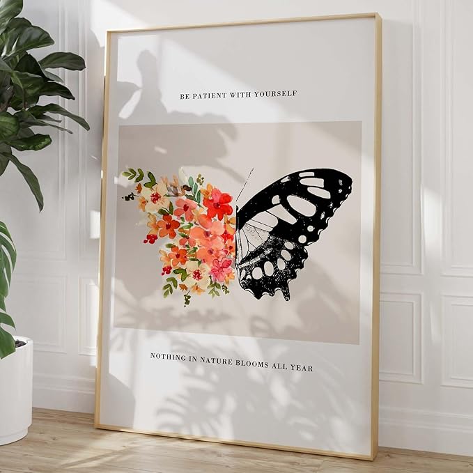 Be Patient with Yourself Art Butterfly Flower Picture Mental Health Wall Art Watercolor Flower Poster Positive Affirmations Pictures Black Butterfly Painting for Living Room Bedroom 16x24in Frameless