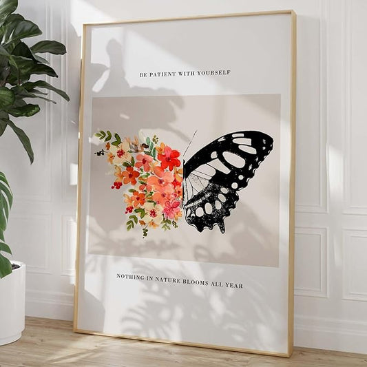 Be Patient with Yourself Art Butterfly Flower Picture Mental Health Wall Art Watercolor Flower Poster Positive Affirmations Pictures Black Butterfly Painting for Living Room Bedroom 16x24in Frameless