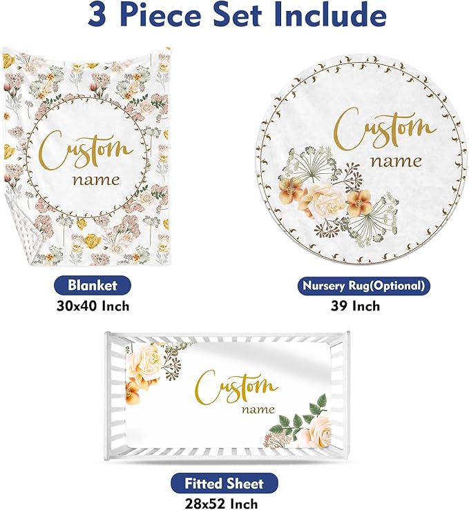 Custom Baby Crib Bedding Set - Pink Flowers Design Personalized Name Baby Nursery Bedding 3 Pcs Set - Chic Soft Blanket, Fitted Sheet, Room Rug for Newborns Boys Girls Gifts