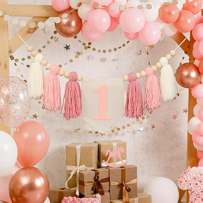 Boho Pink Handmade 1st Birthday High Chair Banner First Highchair Banner For Baby Girls Wild One Wall Hangings Wood Bead Tassel Garland 1 Birthday Party Decorations Photoshoot Props Photo Props