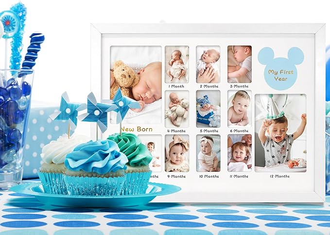 My First Year Photo Frame 12x16, Baby's First Twelve Months 4x6 and 2x3 Wallet Pictures Milestone Board Keepsake, as New Mom Baby Newborn Gift, White Pack of 2