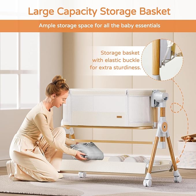 3 in 1 Baby Bassinet,Bedside/Rocking Bassinet for Baby,Bedside Crib with lockable Wheels,Waterproof Mattress,Adjustable 6 Heights,Portable Bassinets Bedside Sleeper for Newborn Infant-Beige