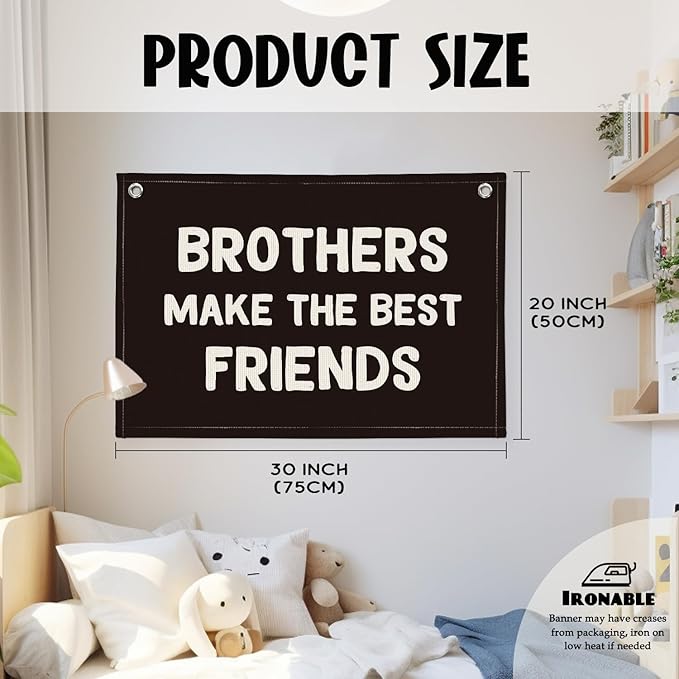 Brothers Make The Best Friends Banner, Boys Room Decor, Toddler Boy Linen Banner Wall Hanging Flag Decor for Nursery 20x30 - Black