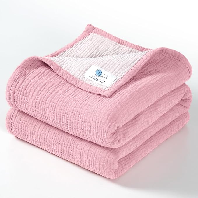 lulumoon Muslin Baby Blanket - Cotton Quilt Blankets for Toddlers - Reversible Nursery Crib Blanket for Baby Boys and Girls 47"x47"(Pink)