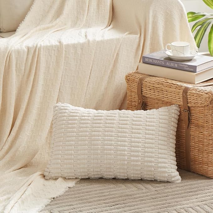 Fancy Homi 2 Packs Cream Lumbar Decorative Throw Pillow Covers 16x24 Inch for Living Room Couch Bed Sofa, Rustic Farmhouse Boho Home Decor, Soft Striped Corduroy Rectangle Cushion Case 40x60 cm