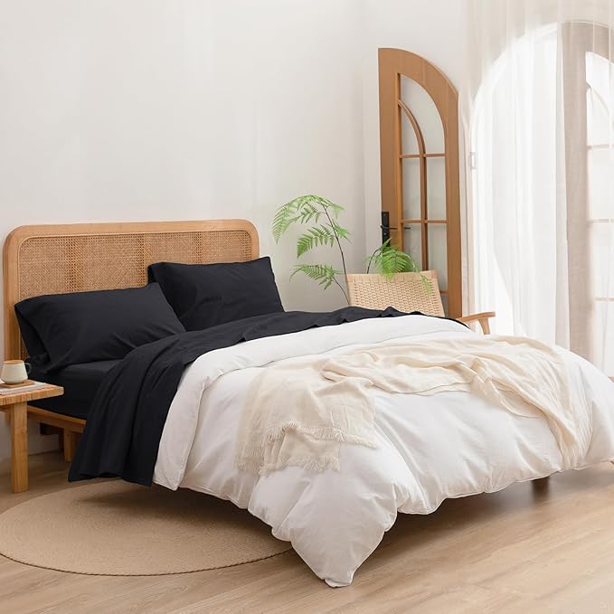 BESTOUCH Sheet Set 100% Washed Cotton Linen Feel Super Soft Comfortable Chic Lightweight 4 Pcs Home Bedding Set Solid Deep Black Full