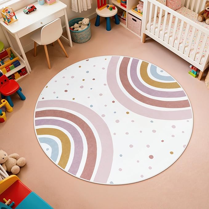 STARUIA Colorful Round Rug for Nursery, 4 Ft Rainbow Washable Rug for Playroom, Boho Kids Rug Non-Slip Soft Bedroom Carpet for Classroom Teepee Princess Castle