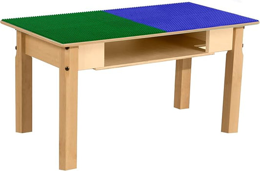 Time-2-Play 30.75" W Rectangular Birch Plywood Blue & Green Lego Compatible Play Table with Shelf for Kids, Children's Table with 16" Long Legs for Playroom [Greenguard Gold Certified]