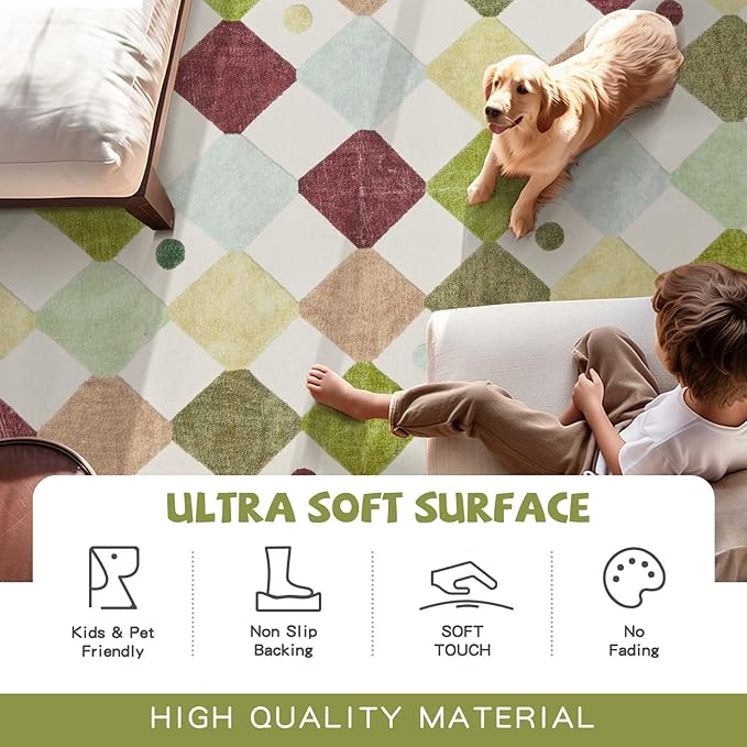 jinchan Macy Area Rug 2x3 Kids Entryway Washable Indoor Doormat Small Soft Non Slip Modern Rug Diamond Carpet for Nursery Room Bedroom Bathroom Moss on Cream