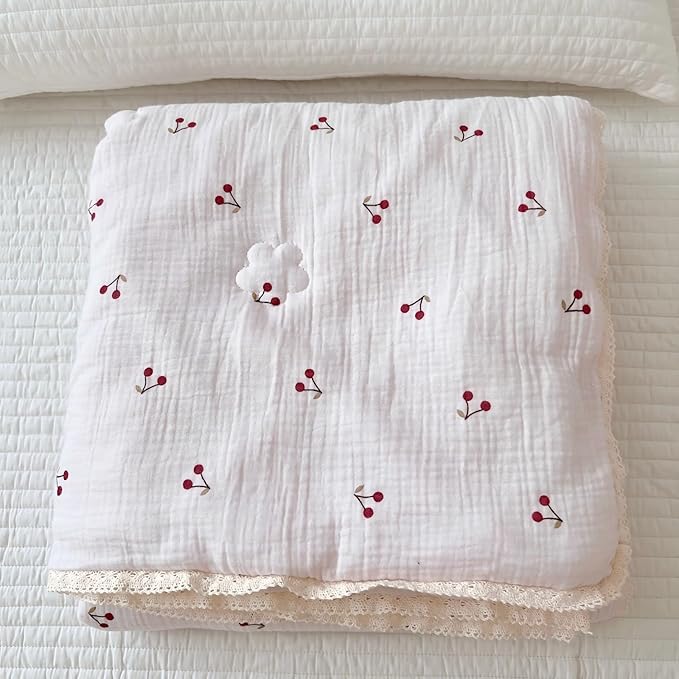 BuLuTu Kids Toddler Muslin Cotton Quilted Blanket 60x78 Inches, Cute Cherry Print Children Comforter for Toddler/Twin Bed, Soft Breathable Boys Girls Quilt, Machine Washable