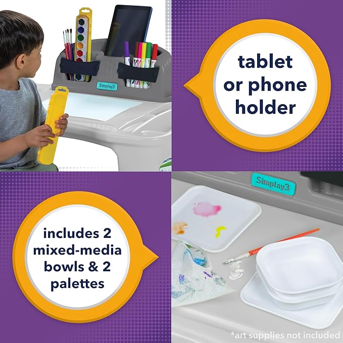 Simplay3 Creative Kids Art Desk Table and Chair Set with Attached Desk Chair, Full Floor and Art Storage