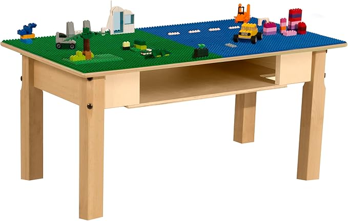 Contender Time-2-Play Kids Birch Plywood Blue & Green Montessori Lego Compatible Table with Shelf for Playroom, All Purpose Activity Play 30.75" W Rectangular Desk for Toddlers [14" Long Legs]
