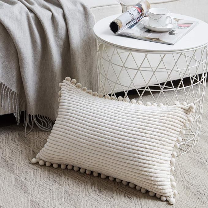 Fancy Homi Pack of 2 Boho Rectangle Decorative Throw Pillow Covers with Pom-poms, Soft Corduroy Accent Solid Cushion Case Set for Couch Sofa Bedroom Car Living Room (12x20 Inch/30x50 cm, Cream)