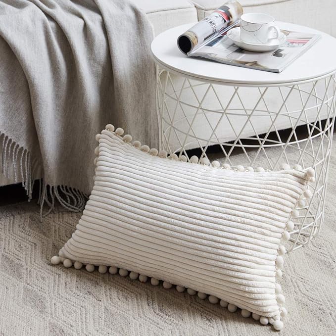 Fancy Homi Pack of 2 Boho Rectangle Decorative Throw Pillow Covers with Pom-poms, Soft Corduroy Accent Solid Cushion Case Set for Couch Sofa Bedroom Car Living Room (14x24 Inch/35x60 cm, Cream)