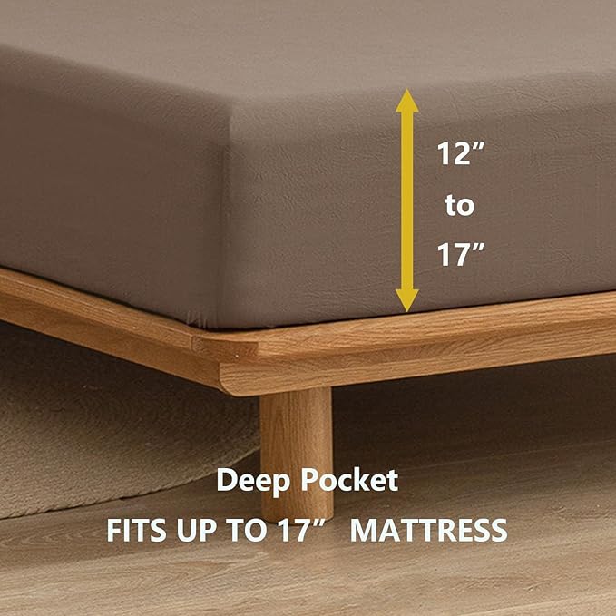 BESTOUCH Sheet Set 100% Washed Cotton Linen Feel Super Soft Comfortable Chic Lightweight 4 Pcs Home Bedding Set Solid Pine Bark Brown King