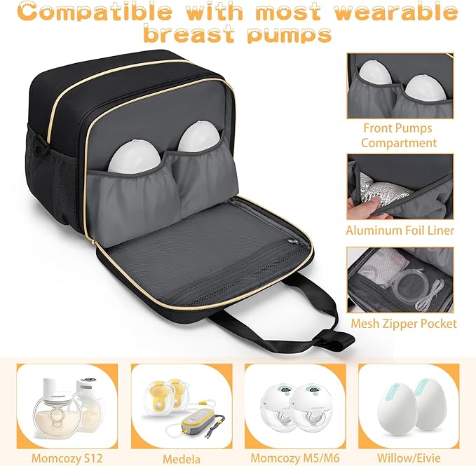 Wearable Breast Pump Bag, Breast Milk Cooler Bags with with Insulated Compartment & Waterproof Mat, Pumping Bag Compatible with Momcozy, Medela, Willow and Elvie Pumps, Black