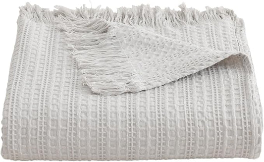 100% Cotton Waffle Blanket with Fringe, Pre-Washed Waffle Weave Blanket for All Season, Lightweight Breathable Soft Cozy Throw Blanket for Couch, Bed, Travel (Light Grey - 66x90 Inches)