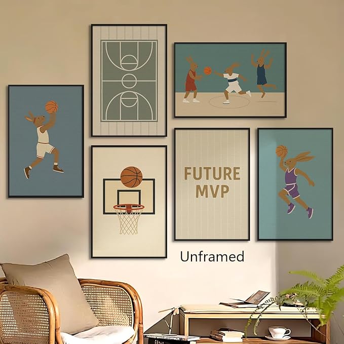 Basketball Canvas Wall Art, Nursery Animal Sports Posters, Bunny Rabbit Athletes Pictures, Positive Quote Print, Kids Bedroom Basketball Court & Hoop Decor 8x12in Framed