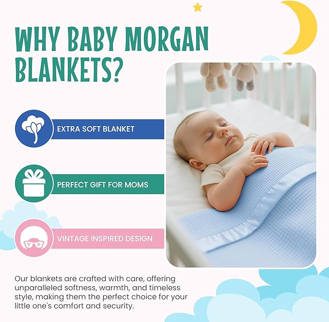 Blankets Thermal Waffle Baby Blanket Crib Bedding - Soft Cozy Warm Infant Thermal Cover for Nursery Stroller or Bassinet, Lightweight Ideal Shower Gift, Satin Trim Blue 36" x 50"
