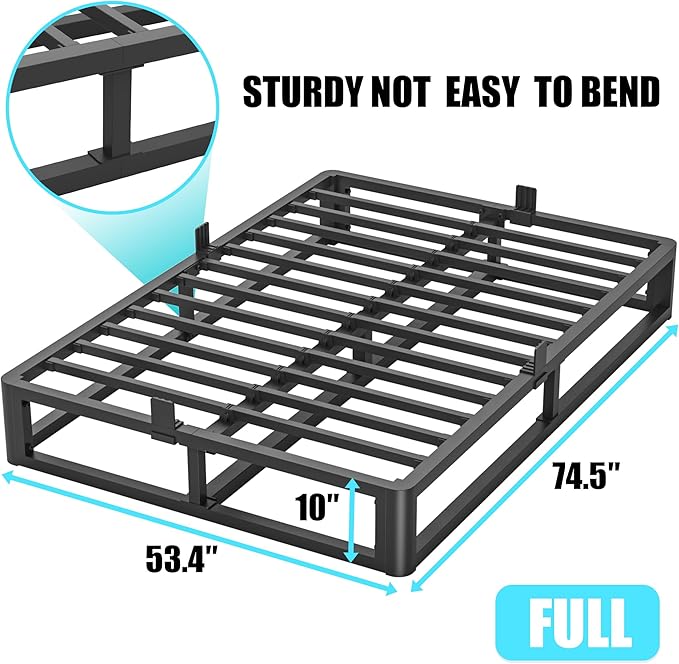 Upgrade Anti Bending and Round Corner Legs 10 inch Metal Full Bed Frame 3500 LBS Heavy Steel Slats Support Platform Bed Frames No Box Spring Needed Platform Noise Free Easy Assembly
