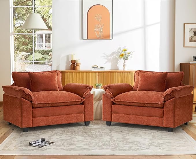 CDCASA Oversized Accent Chair, Chenille Comfy Cloud Sofa Chair with Large Seat and Upholstered Armrests, Modern Extra Wide Armchair Reading Chairs for Bedroom, Living Room,Set of 2,Terracotta Orange