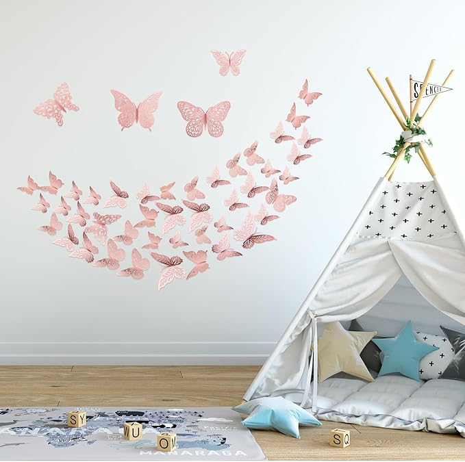 3D Gold Butterfly Wall Decor 3 Sizes 4 Styles Butterfly Party Decorations Cake Decorations Removable Stickers Wall Decor Room Mural Metallic Kids (Pink, 96Pcs)