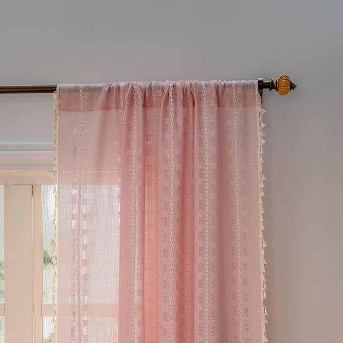 Deeprove Blush Pink Boho Curtain 96 inches Long for Living Room Bedroom, Vintage Bohemian Tassel Sheer 96 inches Puddle Length 8 FT Striped Embroidery Privacy Window Treatment W52 x L96, 1 Panel