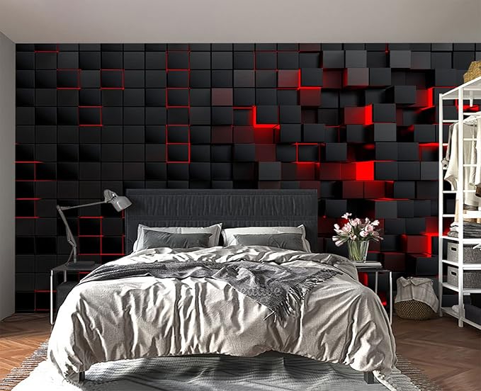Tech Red Blocks Wall Mural Wallpaper for Bedroom 137" x 100"