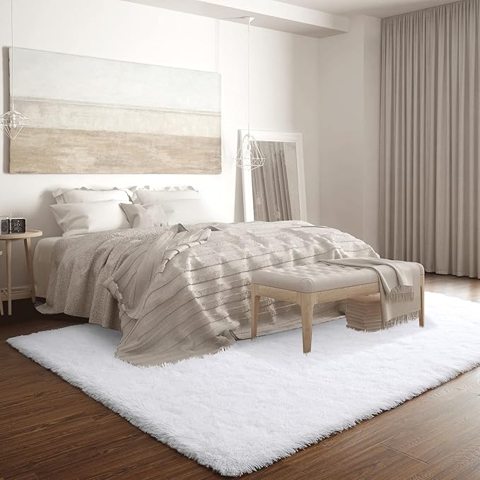 Merelax Soft Modern Indoor Large Shaggy Rug for Livingroom Bedroom Dorm Kids Room Home Decorative, Non-Slip Plush Fluffy Furry Fur Area Rugs Comfy Nursery Accent Floor Carpet 6x9 Feet, White