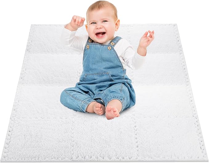 12 pcs Thickened Plush Foam Interlocking Floor Mat, Interlocking Foam Tiles with Edgings for Baby, Soft Anti-Slip Puzzle Area Square Rug Playmat for Children Room Bedroom(11.8", White)