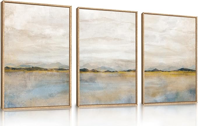 HLNIUC Large Abstract 3 Piece Wall Art 24x36, Neutral Distant Mountain Wall Decor, Watercolor Beige Dusty Nature Landscape Painting, Modern Pastel Scenery Art Prints for Living Room, Bedroom, Office