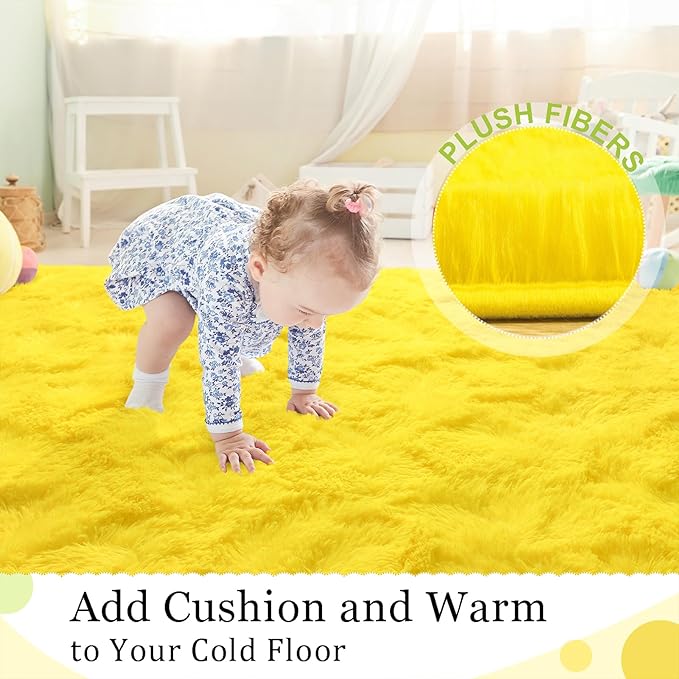 BENRON Fluffy Rugs for Living Room 5x8 Yellow, Washable Large Area Rugs for Bedroom Dining Table Office Kids Nursery Room, Washable Indoor Floor Carpets