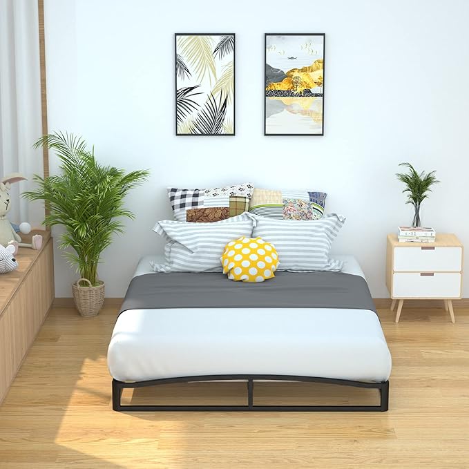 Amazon Basics Metal Platform Bed Frame, with Wood Slat Support, 6 inches High, Full, Black