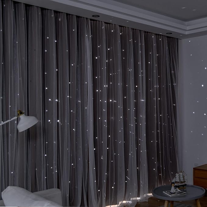 Kinryb Kids Blackout Curtains for Bedroom/Living Room/Classroom, Sheer Overlay 2 Free Tiebacks, Double Layer Curtains with Star Cutout for Kids Room(Each Piece W 70 x L 95 Inches 2 Pcs Chocolate)