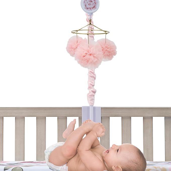 Lambs & Ivy Secret Garden Pink Pom Pom Musical Baby Crib Mobile Soother Toy