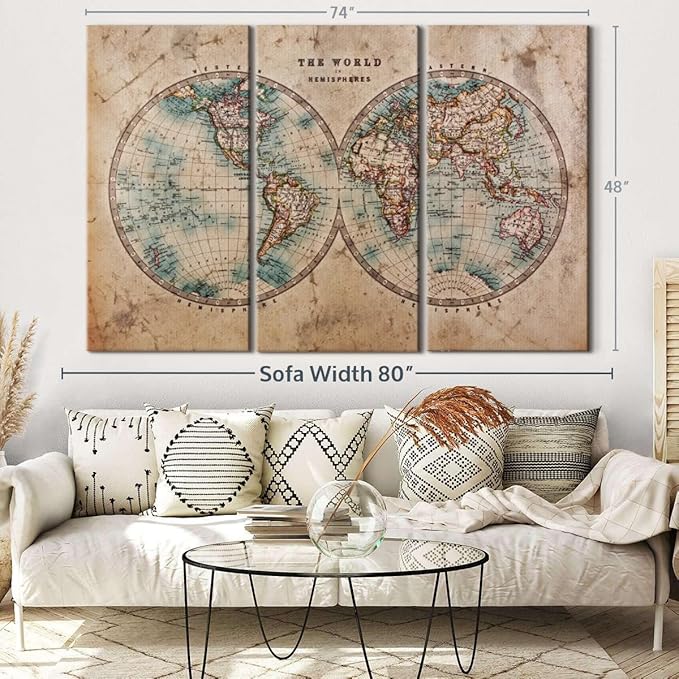 ElephantStock Hemisphere Map Wall Art Multi Piece Canvas - 3 Piece Canvas World Map Wall Decor - Wall Decor - Vintage Wall Art - 74" X 48"