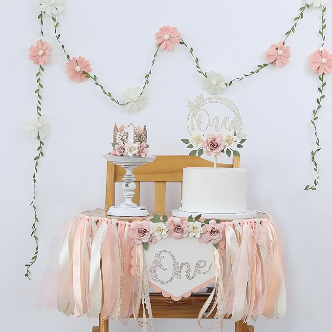 Wildflower 1st High Chair Banner Birthday Party Decorations for Girl Light Pink One Flower Cake Topper 1st Birthday Decorations Supplies