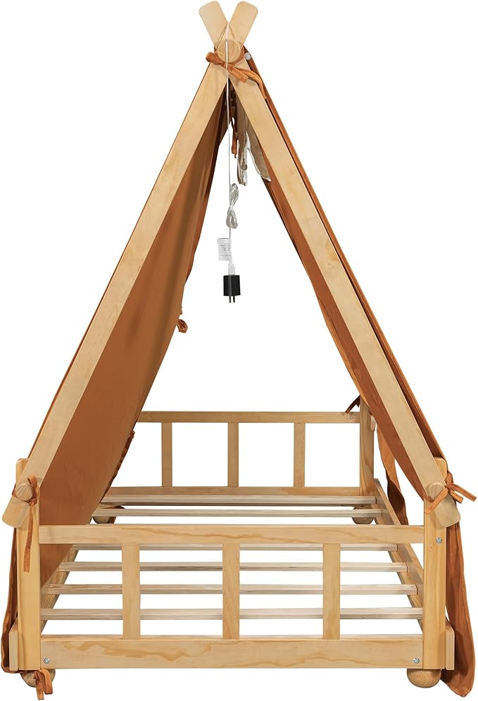 Montessori Floor Bed Twin with Tent & Light, Wood Twin House Beds for Kids, DIY Playhouse, Low-Profile Teepee Bed, Playful Indoor Adventure & Sleep for Girls Boys,Natural+Brown