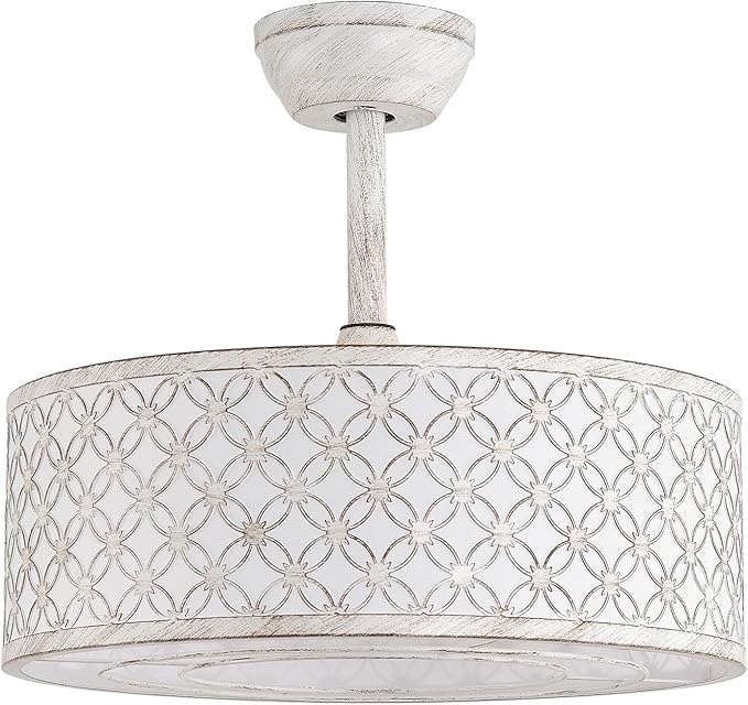 White Fandelier Ceiling Fan with Light, 20" Caged White Chandelier Ceiling Fans with Lights Remote Control, Fabric Mid-Century Modern with 6 Speeds for Bedroom, Nursery, Living Room.