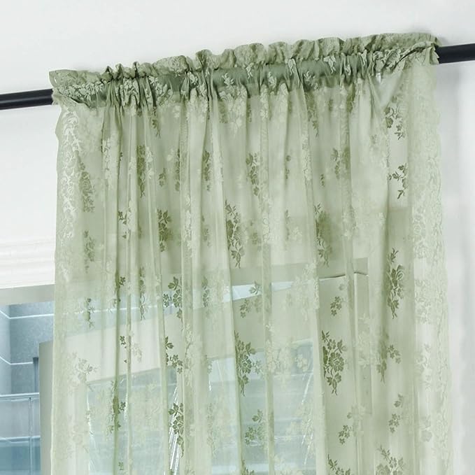 Kotile Sage Sheer Curtains 72 Inch Length 2 Panels, Rustic Floral Patterned Vintage Lace Curtains for Bedroom Living Room, Rod Pocket Privacy Green Curtain, 52 x 72 Inch, Sage Green
