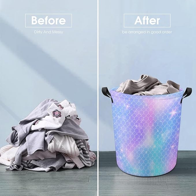 Glitter Mermaid Laundry Basket Girls Room Decor Unicorn Girls Hamper Dirty Clothes Organizer for Kids Baby