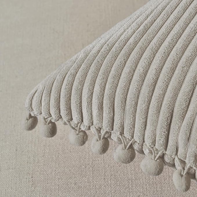Fancy Homi 2 Packs Neutral Taupe Decorative Throw Pillow Covers 18x18 Inch with Pom-poms for Couch Bed Sofa, Aesthetic Modern Organic Farmhouse Boho Home Decor, Soft Corduroy Cute Accent Cushion Case