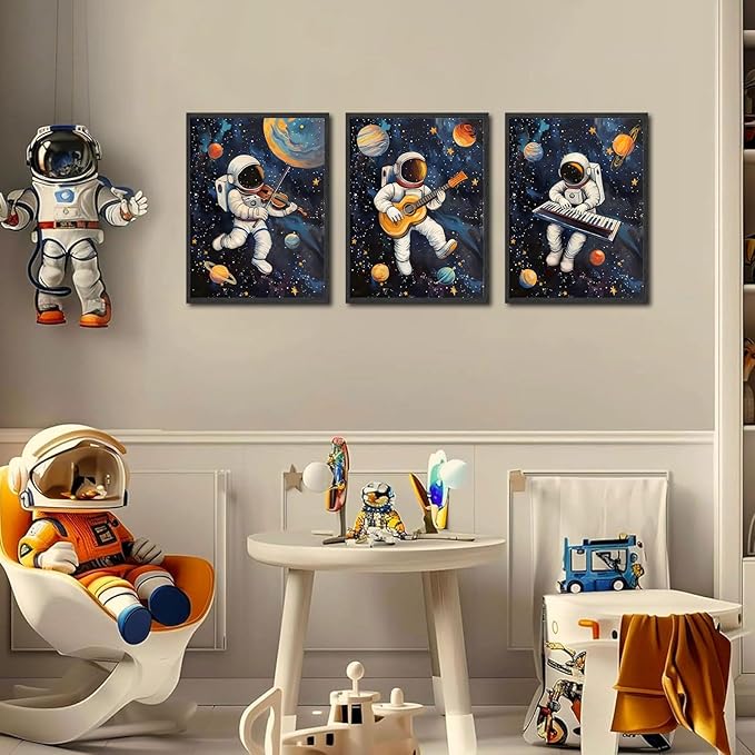 3Pcs Space Astronaut Music Posters Wall Art Cute Astronaut Musician Decor Pictures Funny Piano Guitar Violin Posters Prints for Boys Room Girls Room Kids Room Nursery Decoration Unframed
