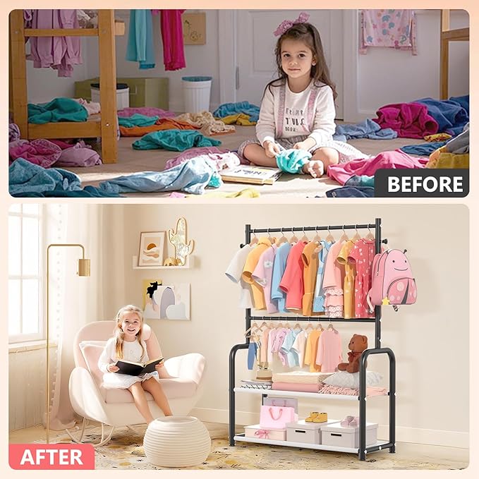 Kids Clothing Rack with 2-Layer Storage Shelf and 2 Adjustable Hanging Rods, Small Baby Closet Organizer for Hanging Clothes, Kids Dress Up Rack for Child (Classic, Black)
