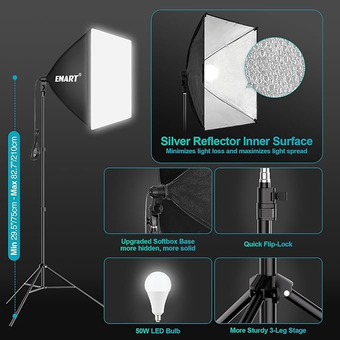 EMART 8.5 x 10 ft Backdrop Support System, Professional Photography Lighting Kit with 50W LED Blub, 6 * 9ft Backdrop *3, Reflector,Umbrellas&Softbox Lighting Kit for Studio, Portrait, Video Shooting