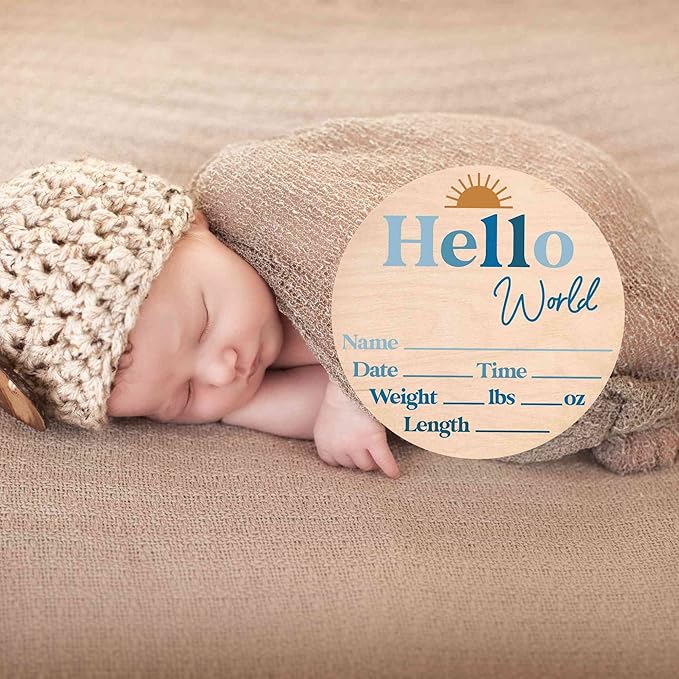 Hello World Newborn Sign - Baby Name Birth Announcement Plaque for Hospital - Photo Prop - Nursery Decor - Shower Gift