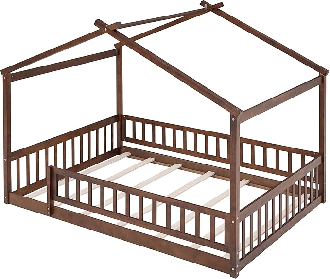 Merax Full Size Wooden House Bed with Fence, Wood Bed Frame with Roof and Safety Guardrail for Kids, Teens, Boys or Girls, Walnut