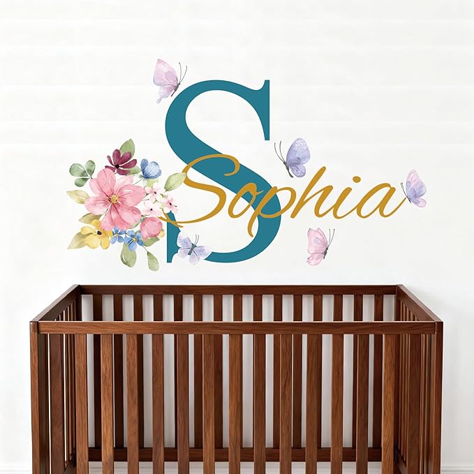 Butterfly Name Wall Sticker, Flower Custom Name Initial Name Wall Decals for Girls Room and Nursery
